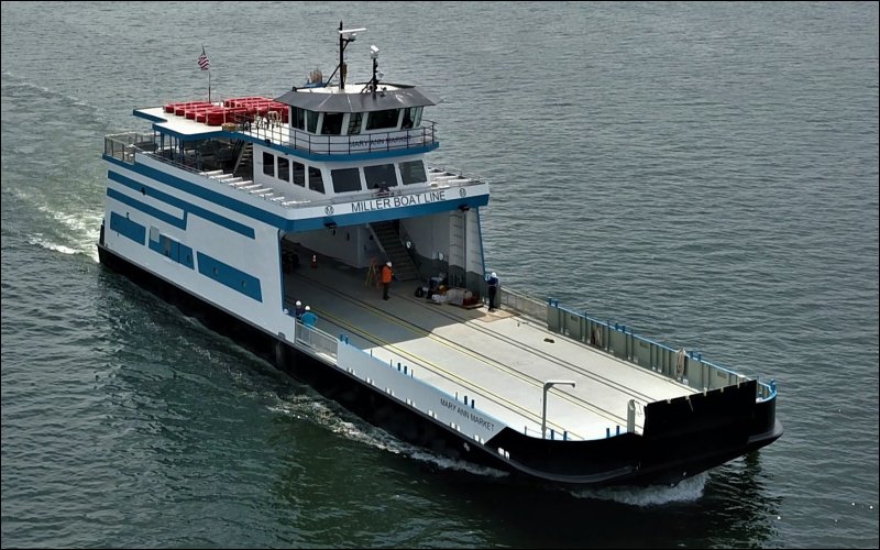 Ferry standing in the middle of the sea near Harbor Island, Bahamas.